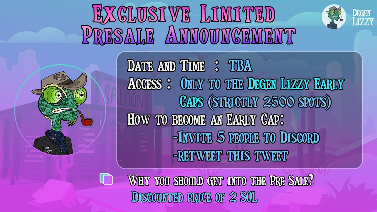Degen Lizzy NFT (Solana) (@degenlizzy_nft) on Twitter photo Exclusive Presale Access Event is Live!
To get the access, all you need to do is the followings & become an Early Cap
✅ Retweet
✅ Invite 5 members to the Discord server: discord.gg/7zvPc5qgAH
🔥 Strictly limited to 2500 Spots
🏃Almost 400 spots are filled, better hurry up Exclusive Presale Access Event is Live!
To get the access, all you need to do is the followings & become an Early Cap
✅ Retweet
✅ Invite 5 members to the Discord server: discord.gg/7zvPc5qgAH
🔥 Strictly limited to 2500 Spots
🏃Almost 400 spots are filled, better hurry up