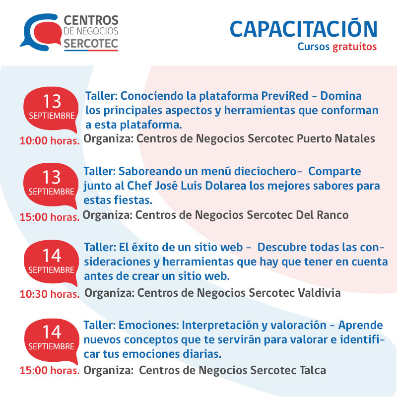 Sercotec_Chile's tweet photo. 🔴 ¡CAPACITACIONES GRATIS! 🔴 Quédate en #EnLíneaconSercotec 📱 porque te traemos la siguiente selección de talleres y charlas de nuestros #CentrosdeNegocios para los próximos días. 🎉
 
🗣 Revisa con anticipación los link de interés aquí: https://t.co/GlzqYUbAtK👈🏻 https://t.co/ViiIX9pnbZ