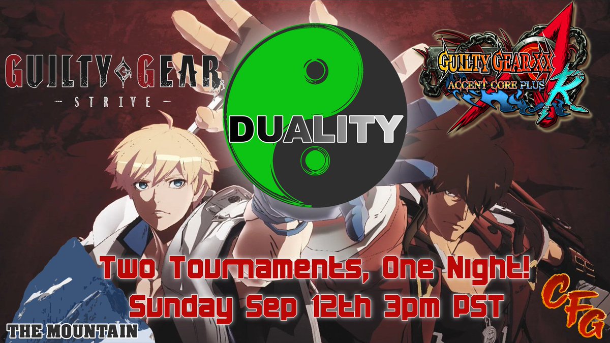 Looking for a tournament this weekend?!

We're running DUALITY: Guilty Gear Strive &amp; Guilty Gear #ACPR this Sunday! #GuiltyGearStrive #GGXXACPR

Register here:
smash.gg/tournament/dua…

Strive at 3pm PST
ACPR at 6pm PST

Matcherinos:
matcherino.com/t/dualitystriv…
matcherino.com/t/dualityacpr2