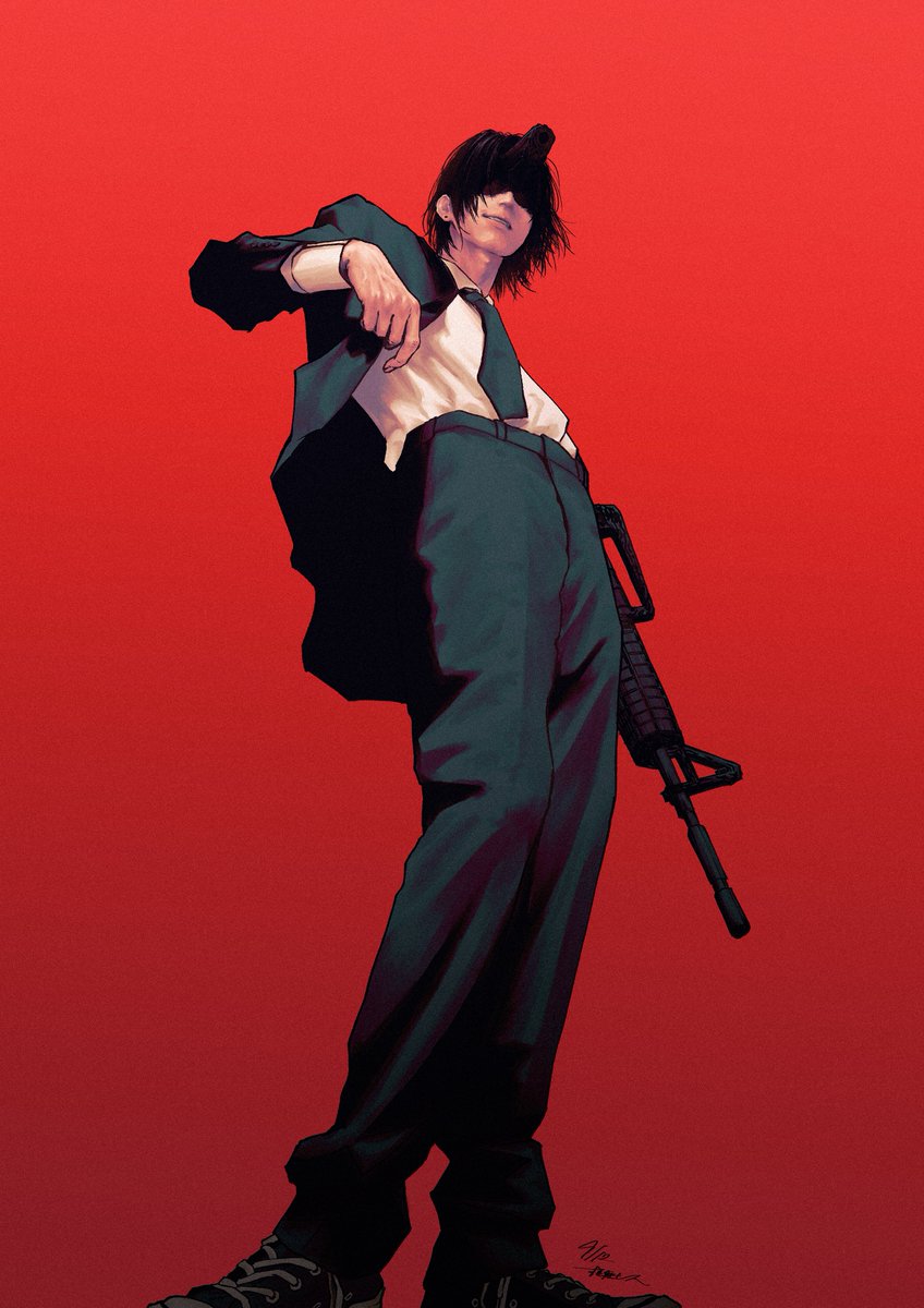 hayakawa aki weapon 1boy gun red background solo black hair necktie  illustration images