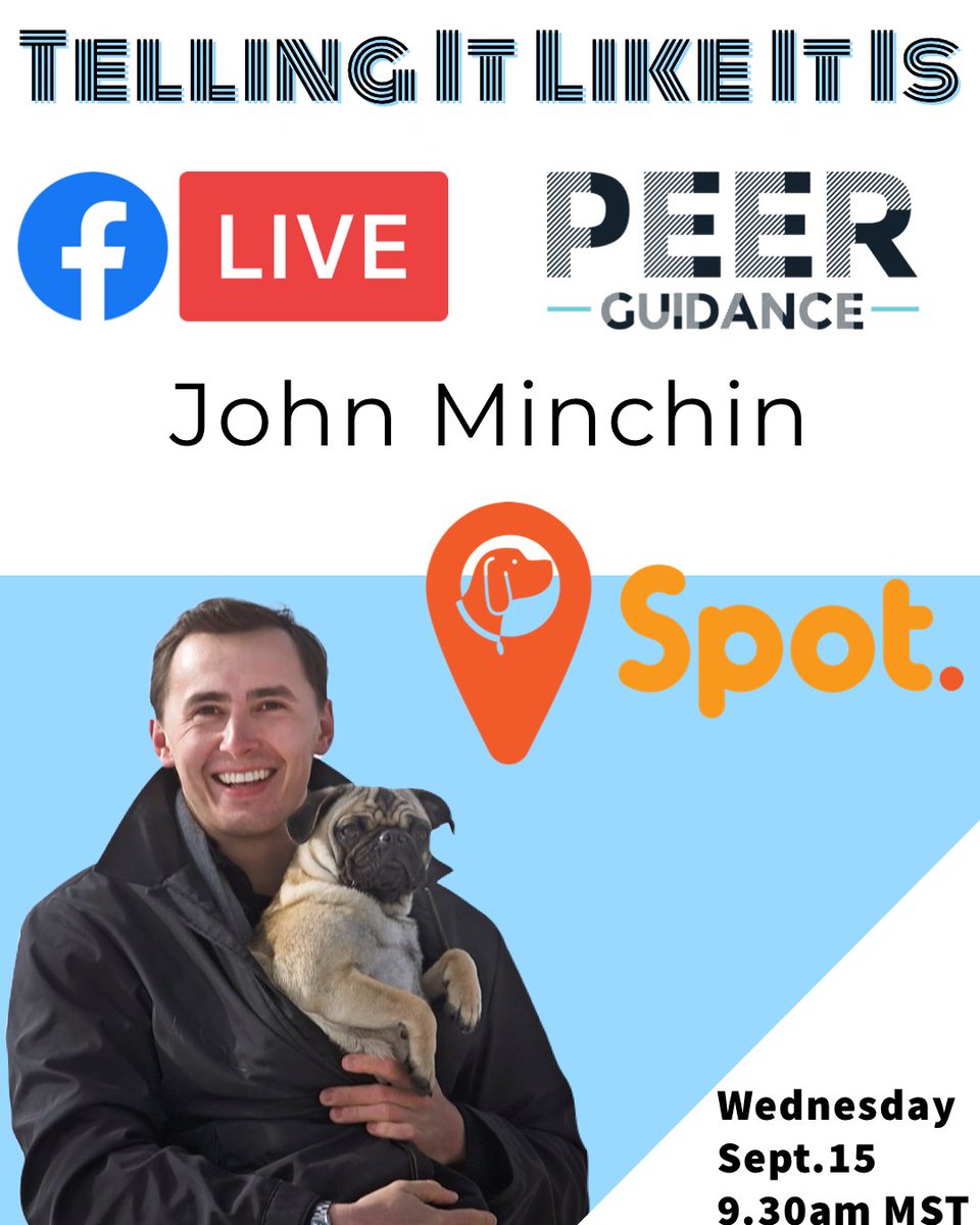 Peer_Guidance's tweet photo. John Minchin, Founder of @spotdogwalking is my #tellingitlikeitis guest Sept.15, 9.30am MST.  Spot's mobile app allows dog owners to book private, on-leash, GPS-tracked walks with insured local dog walkers. #dogwalking #dog #doglovers 

Click to watch
https://t.co/MbZ5fg9I6R https://t.co/1AxfVPv971