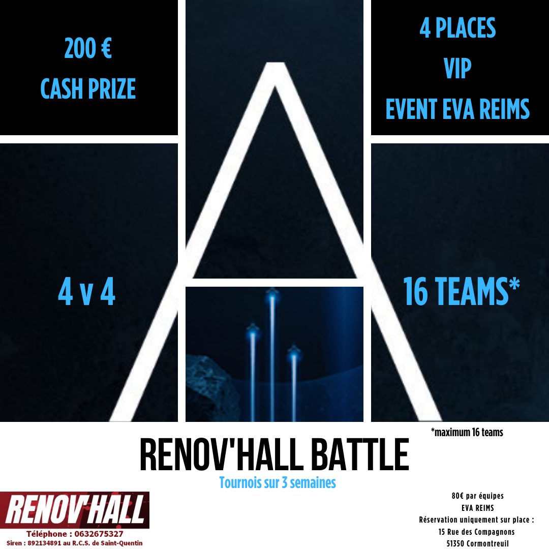 Le troisième tournoi d’EVA Reims 3️⃣
La fiche d’inscription au tournoi est à votre disposition dans notre bio à compter d’aujourd’hui jusqu’au jeudi 16 septembre inclus.
Nous vous attendons nombreux et nombreuses pour ce tournoi, merci à la société Renov’Hall pour le partenariat