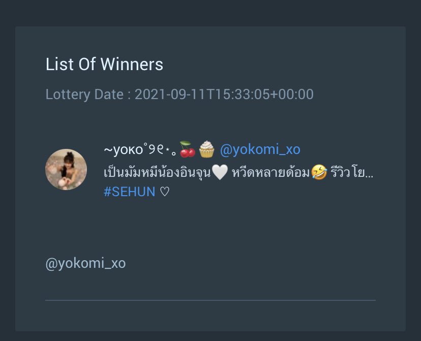 babyfoxbeeb's tweet photo. ผู้โชคดีคับ รายงานตัวภายใน3นาทีค้าบ
@yokomi_xo https://t.co/vnkya1fOzd