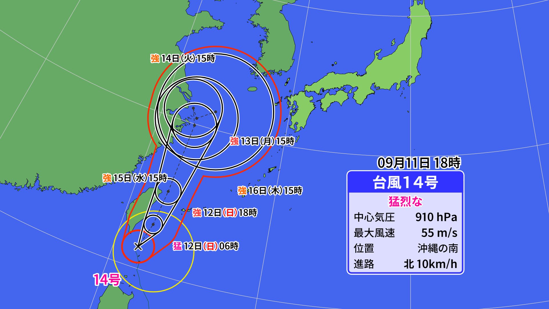 片山 美紀 気象予報士 防災士 台風14号はあすの午後 沖縄 先島諸島にかなり接近する見込みです 台風から離れた九州でも雨が強まるおそれがあります 来週の予報円がだぶついているのは 台風が停滞するためです 上空の風の流れによっては