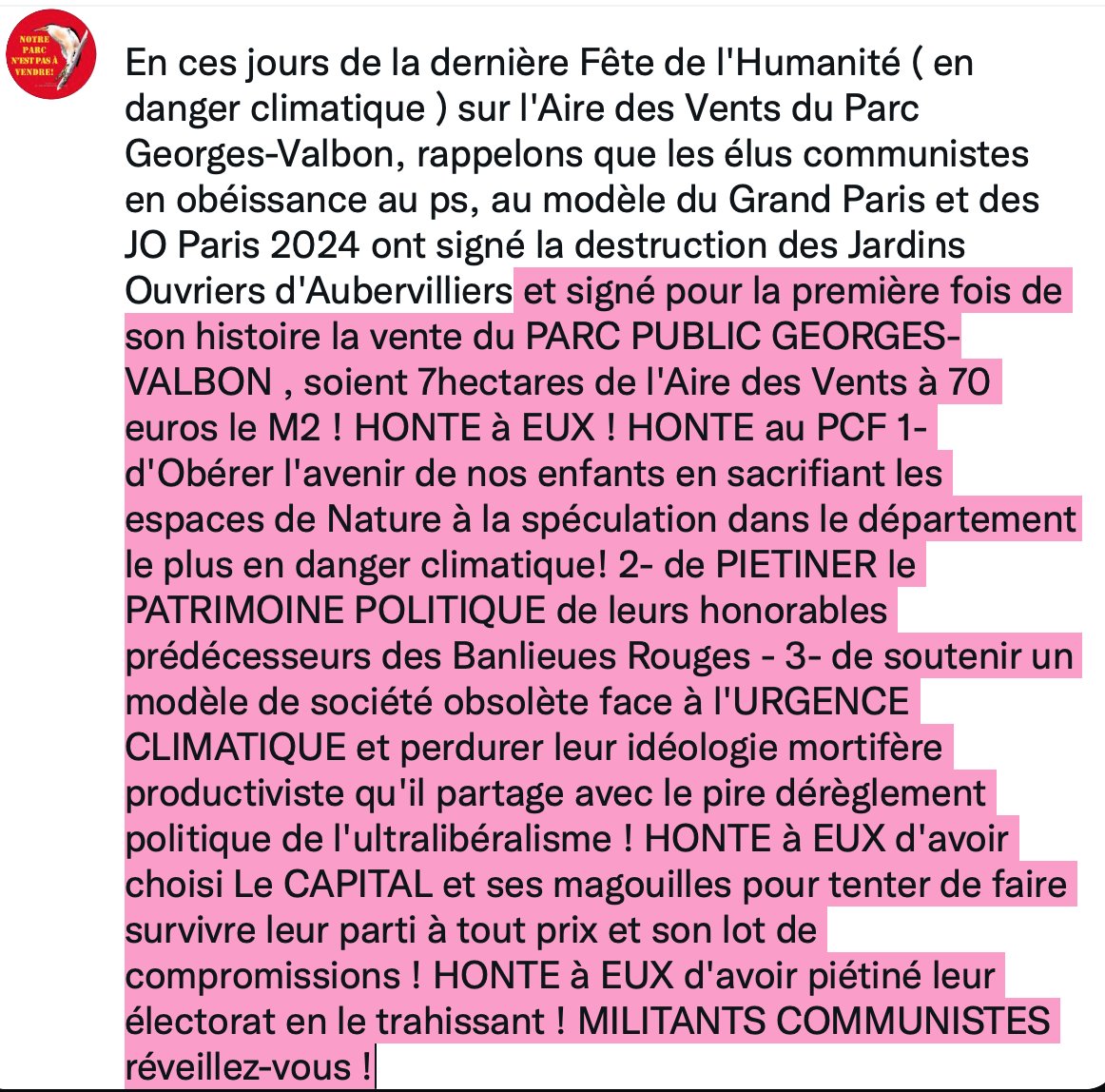 nppnav's tweet photo. @FetedelHumanite En ces jours de la dernière Fête de l'Humanité ( en danger climatique ) sur l'Aire des Vents du Parc Georges-Valbon, rappelons que les élus communistes en obéissance au ps, au modèle du Grand Paris et des JO Paris 2024 ont signé la vente du PARC PUBLIC GEORGES-VALBON! HONTE ! https://t.co/t3h5Aj09Ef