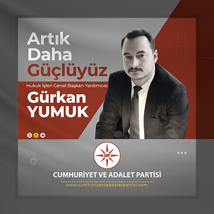 Hukuk İşlerinden Sorumlu Genel Başkan Yardımcımız Gürkan Yumuk ile, artık daha güçlüyüz!
Kendisine yeni görevinde başarılar diler, hayırlara vesile olmasını temenni ederiz...

#cumhuriyetvedaletpartisi #atama #hukuk #gündem #haber #sondakika