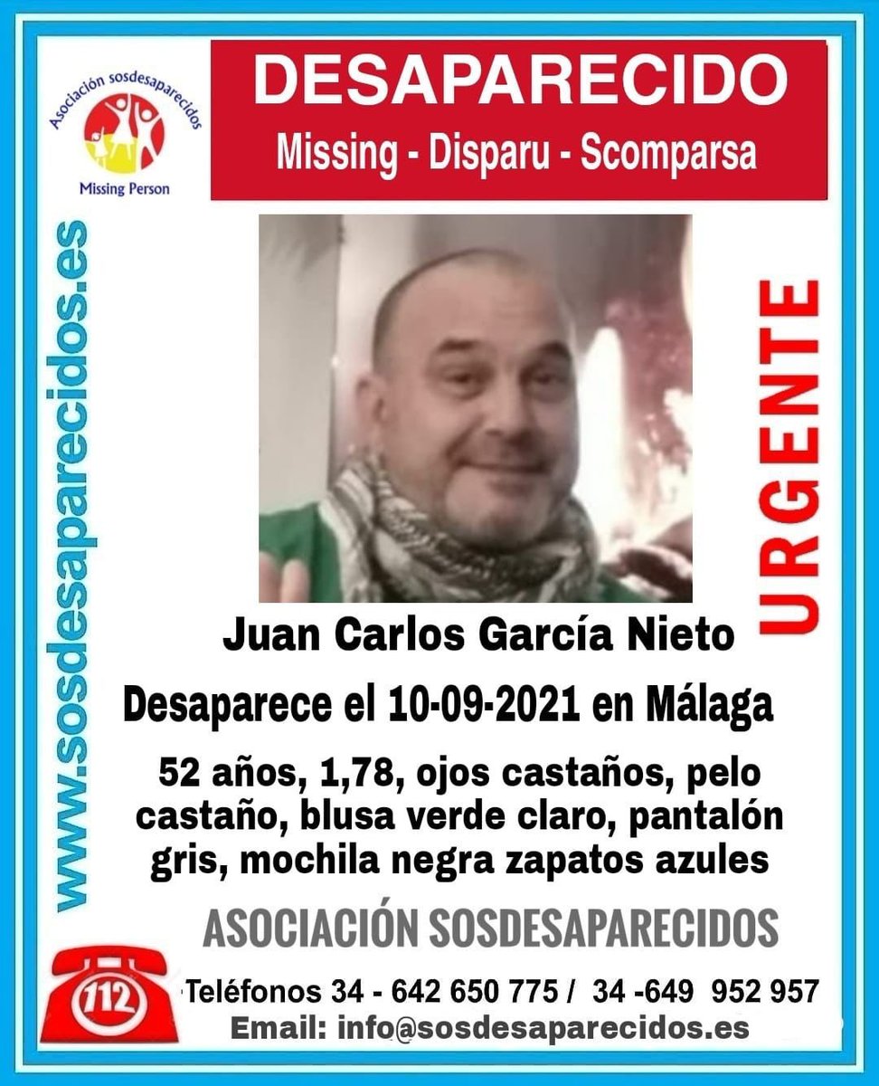 🆘 #URGENTE | Rogamos #difundir la siguiente imagen. 

Carlos, compañero de Fundación Victoria, ha #DESAPARECIDO en #Málaga. 

Si tienes información, puedes llamar a los teléfonos que aparecen en la imagen o al 062, 091 o 112.

Muchas gracias.