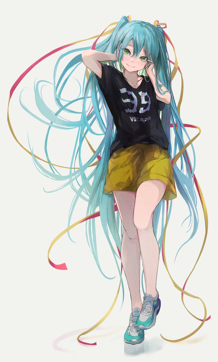 hatsune miku 1girl solo long hair shorts shirt very long hair shoes  illustration images