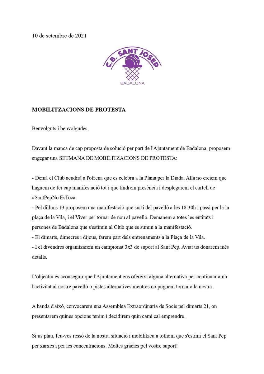 CBSantJosep's tweet photo. Benvolguts i benvolgudes,

Davant la manca de cap proposta de solució per part de l'Ajuntament de Badalona, proposem engegar una SETMANA DE MOBILITZACIONS DE PROTESTA: (1/7) https://t.co/UG4mSlwVAI