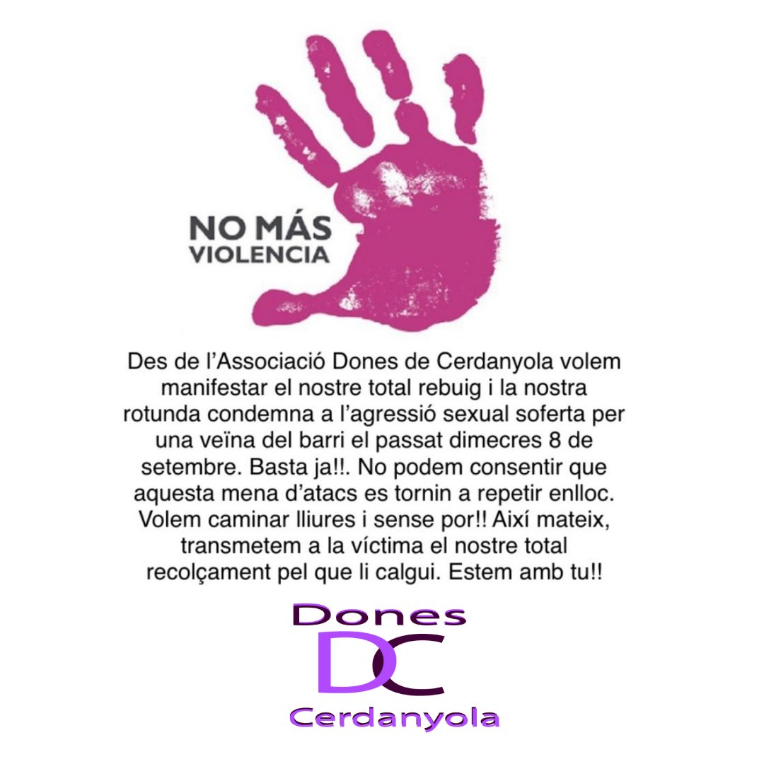 Cerdanyoladones's tweet photo. Total rebuig a la violència masclista i a l���agressió sexual patida per una veïna del nostre barri.
#mataro #noesno https://t.co/e0sxaWWkrD