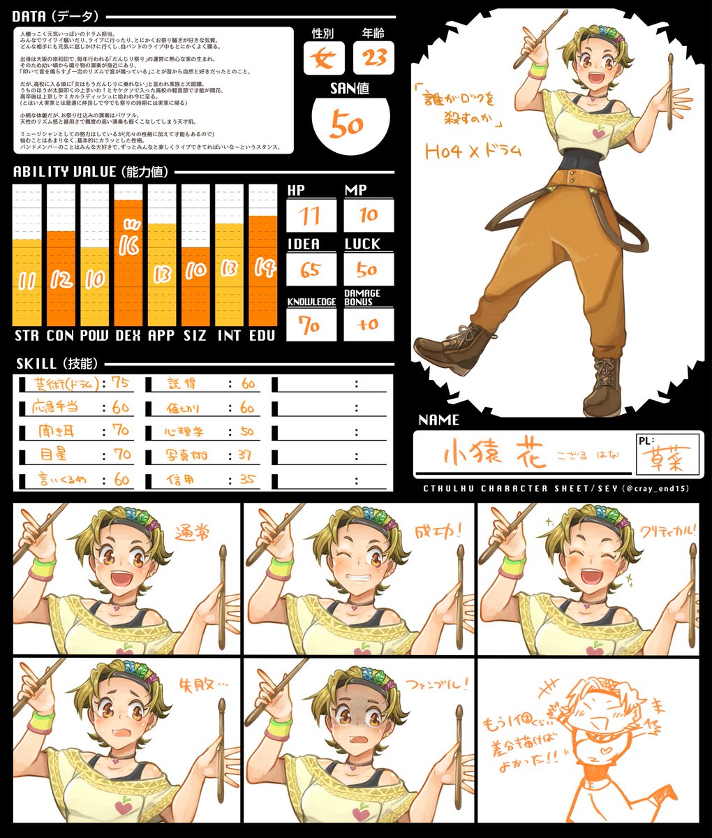 誰がロックを殺すのか、全員生還…しました!
お部屋のスクショ(作ったロゴと描いたリーダー使ってもらった!)と改めて花のキャラシと、リーダーの兜さんを描かせてもらったやつです!…いい夏でした!花はみんなが大好きです また同卓メンバーでSAN回復とか行きたいね… 