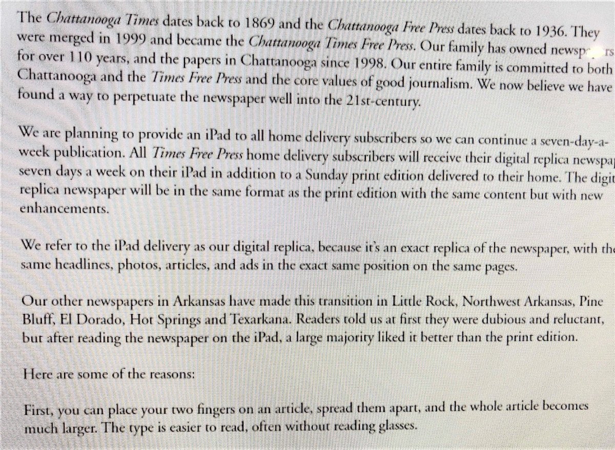DAVIDCARROLL3's tweet photo. Stop the presses, literally. Chattanooga Times Free Press will cease daily printing (except on Sunday) by June 2022, provide an iPad to subscribers, and will offer to teach them how to use it. The TFP is trying hold on to readers, while reducing ink, paper, and delivery costs. https://t.co/h7Gwf2104Q