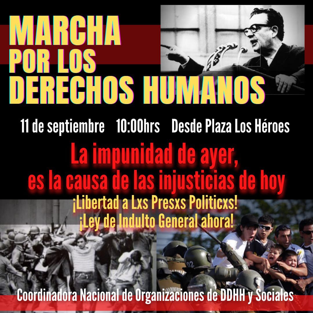 MXLMYLV's tweet photo. ¡Marcha por los Derechos Humanos #11S por la Ley de Indulto General y la libertad de las y los presos políticos!

¡La impunidad de ayer es la causa de las injusticias de hoy!

⏰10:00 hrs.
📍Plaza Los Héroes
Coordinadora Nacional de Organizaciones DDHH y Sociales @CoordinadoraDH https://t.co/Wau3zTwrtJ