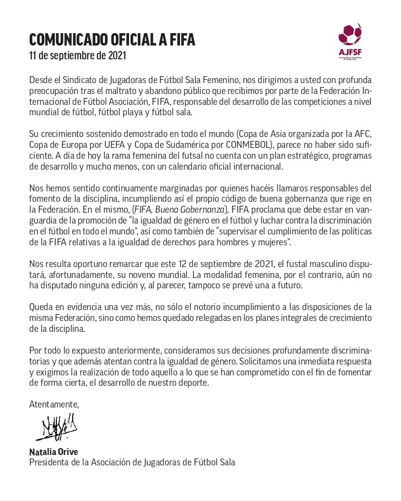 [COMUNICADO OFICIAL] Desde el Sindicato de Jugadoras de Fútbol Sala confirmamos que ya está enviada nuestra carta a FIFA. #WomenPlayFutsalFIFA
