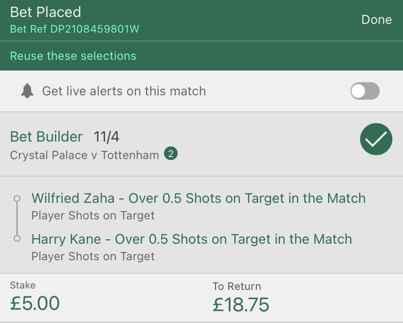 Tip_Man_Tips's tweet photo. In play bet-builder for #Tottenham vs #CrystalPalace ⚽️
Harry Kane & Wilfred Zaha both to have 0.5 shots on target - 11/4 odds 🔥
Good luck 💥
#bettingtips #bettingtwitter #gambleaware #inplaytip https://t.co/AqizmSpjHa