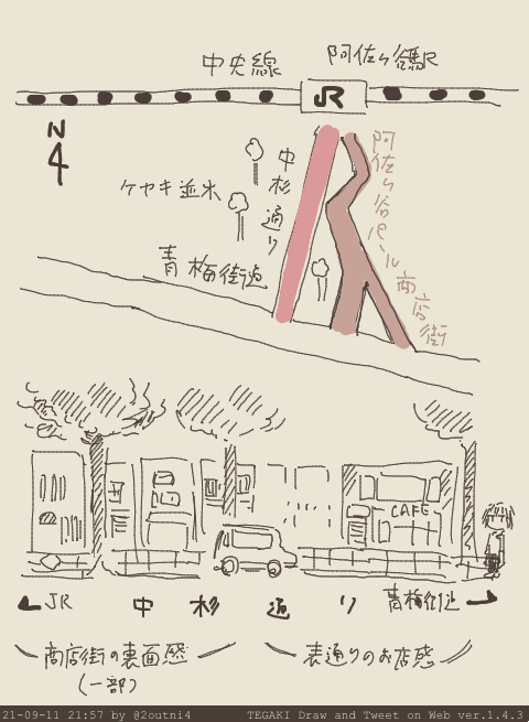 阿佐ヶ谷の南側は綺麗に整備されたケヤキ並木の中杉通りと商店街で構成されてるけど商店街のほうが歴史が古いので
中杉通りと商店街が近い区間は商店街にある建物の裏面感が現れたりする #tegaki_dt 