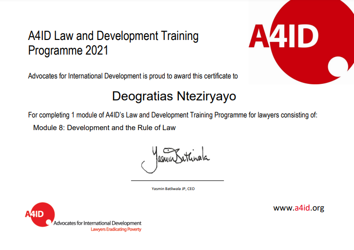 NteziryayoDeo's tweet photo. Thrilled to share my significant growth in my #LegalCareer! With this #A4ID Law and Development Training Programme 2021, I have got my new certificate in Module 8: #Development and the #RuleofLaw. https://t.co/jgzVuqjduA Credits to @a4id & @DLA_Piper https://t.co/5fyLf7R807