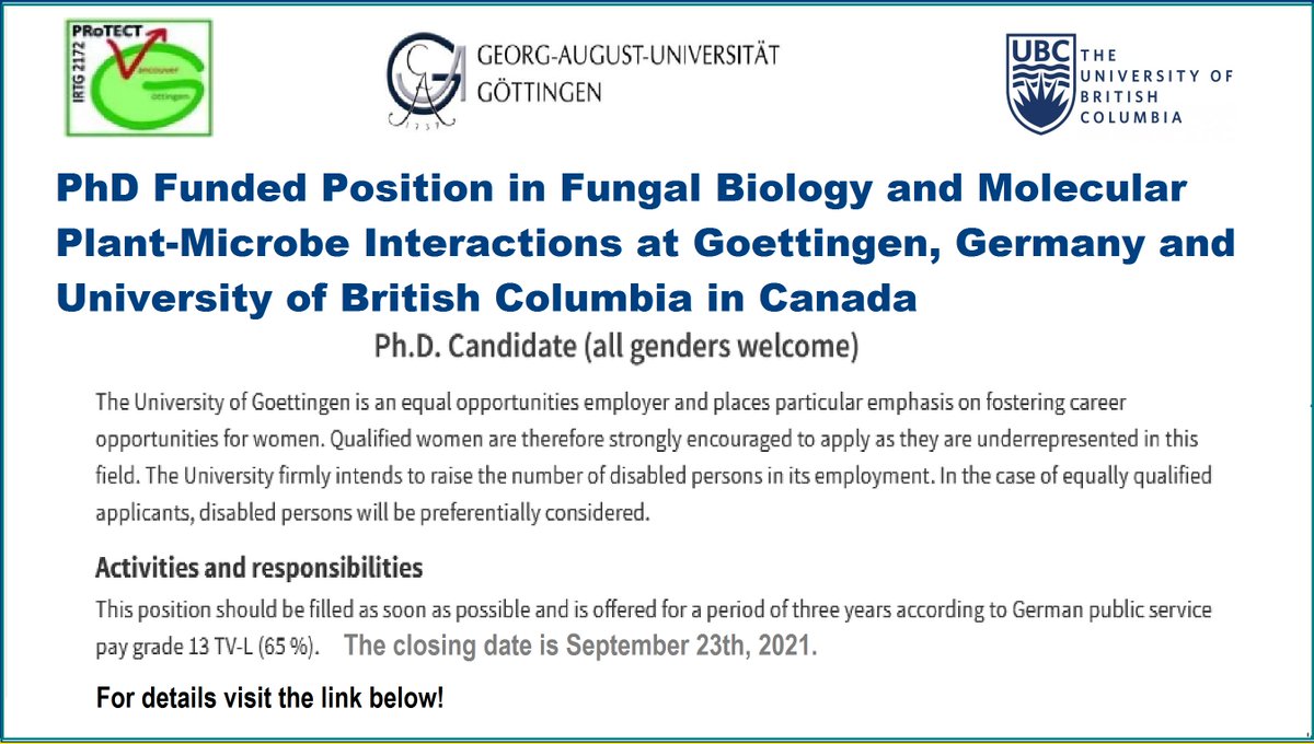 📌 PhD Funded Position in Fungal Biology🦠 and Molecular Plant🌱-Microbe Interactions at Goettingen, Germany🇩🇪 and University of British Columbia in Canada🇨🇦  ... Please retweet! For details visit the link below 👉wp.me/pbv48T-1oe