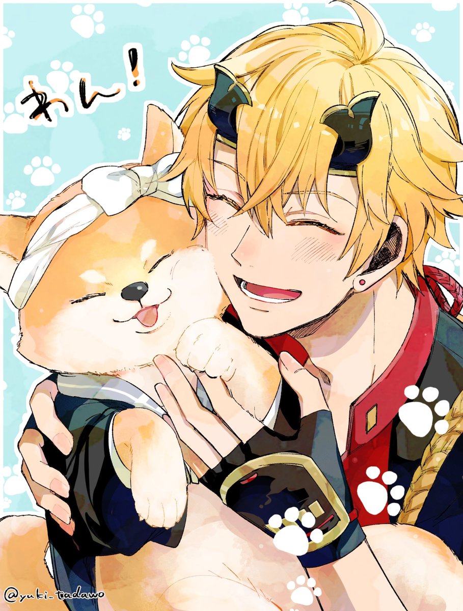 thoma (genshin impact) shiba inu dog 1boy paw print horns blonde hair closed eyes  illustration images