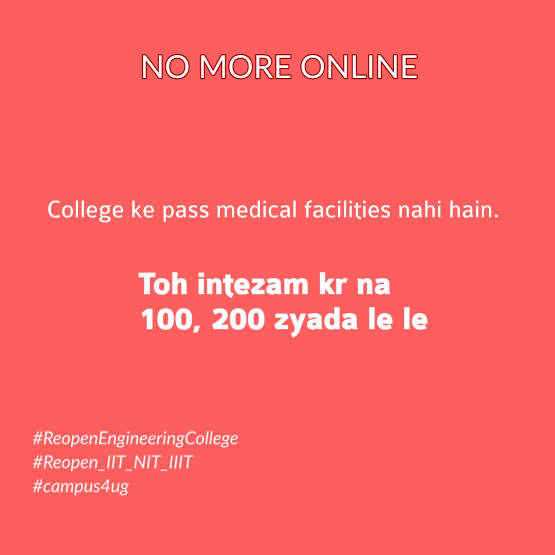 amresssh's tweet image. AMONG BEST INSTITUTES OF INDIA
And 
Such Lame Excuses
..
@karandi65 @PMOIndia @dpradhanbjp @pushkardhami @msisodia @RahulGandhi @eduMinOfIndia @iitroorkee @ndtv @timesofindia @aajTak @ANI @TheLallantop 
#Reopen_IITR
#Reopen_IIT_IIIT_NIT 
#ReopenEngineeringCollege
#campus4ug