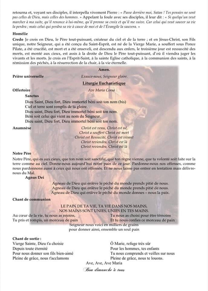Demain à 11h sera célébrée la messe dominicale en l’église Ste Lucie de Ville-di-Pietrabugno.