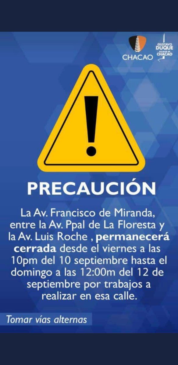 WazeVen's tweet image. Recuerden que se realizarán trabajos en la Av. Francisco de Miranda entre La Floresta y la Av. Luis Roche. Los cierres ya fueron cargados en nuestra app la cual los guiará por la ruta más rápida @movilidadchacao @Chacao #11septiembre #wazeinforma