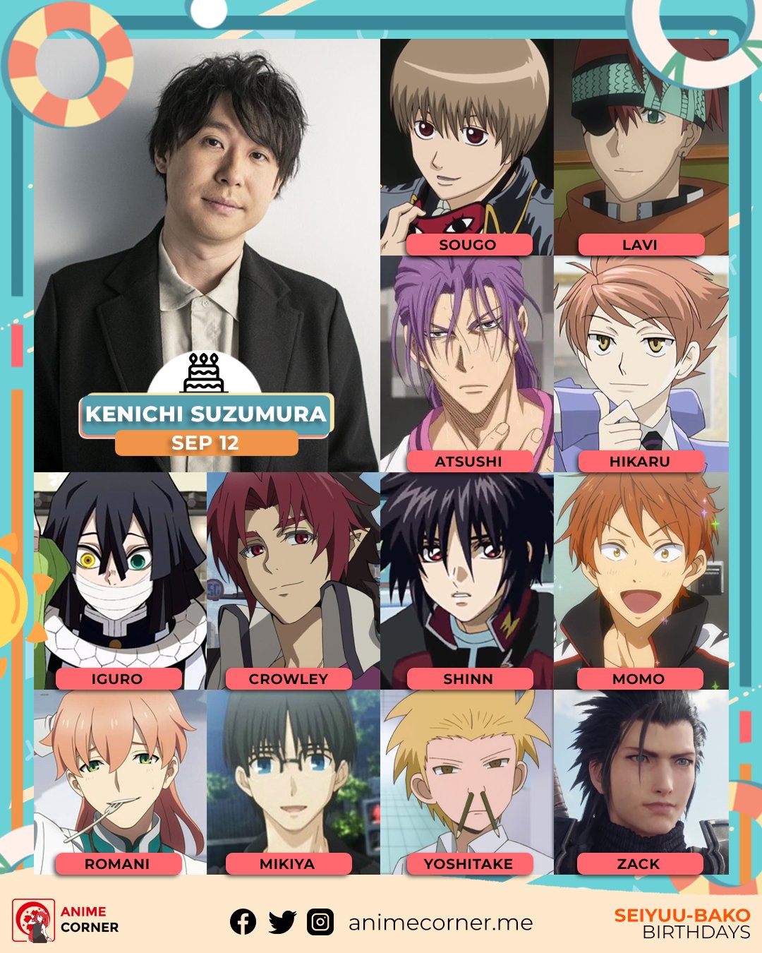 Anime Corner Today Is The 47th Birthday Of Kenichi Suzumura He Is Known For Voicing Sougo Okita From Gintama Lavi From D Gray Man Atsushi From Kuroko S Basketball Hikaru Hitachiin From