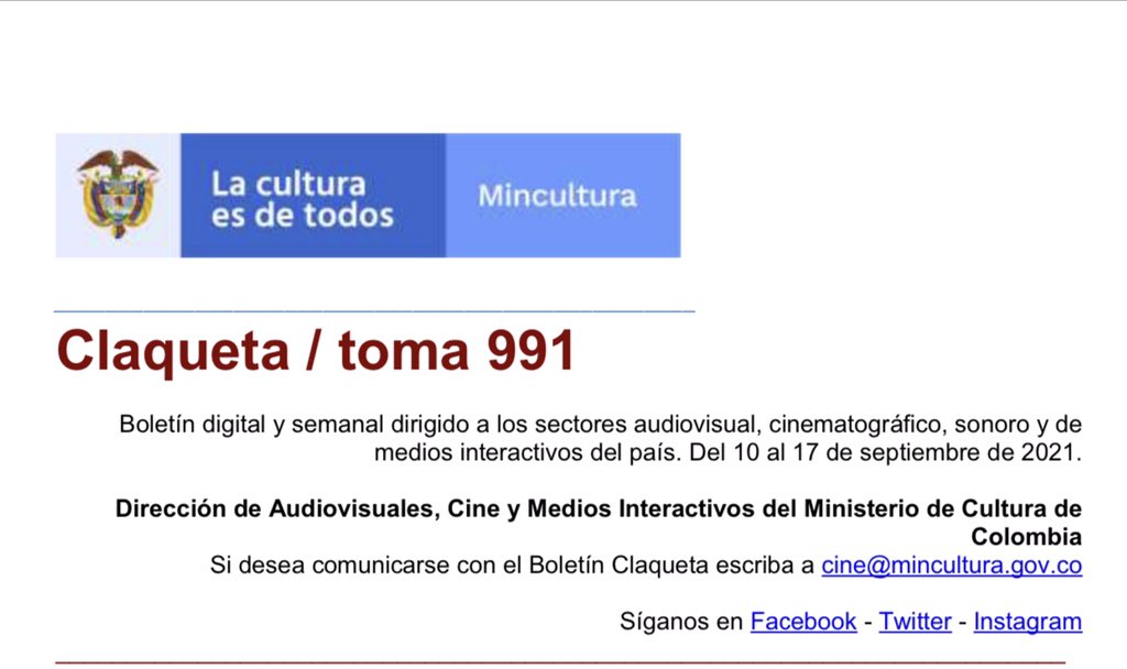 Jacunalezama's tweet photo. Disfruta la lectura de #CLAQUETA en su reciente versión #991, del 10 al 17 de septiembre de 2021 #Colombia Accede aquí 👇🏼

https://t.co/ZdXdPEGYcX

También podrás consultar las anteriores versiones 👇🏼: 
https://t.co/I6EGoLJzk6 https://t.co/9yE8w4vkNQ