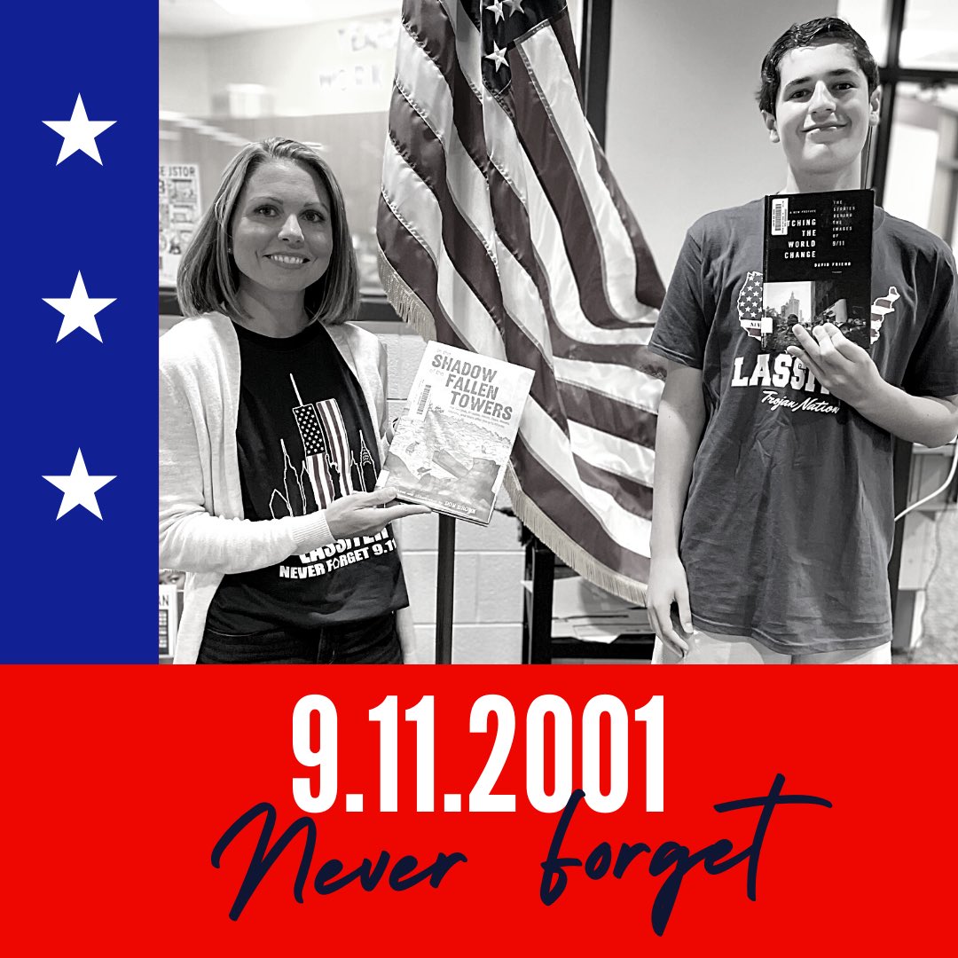 LassiterMedia's tweet photo. Whether you remember the minute you heard the news like Mrs. Frank, or you weren’t even born yet like Max, we have books to help you #neverforget. LHS remembers those who lost their lives that day and thankful to the countless others that made sacrifices ever since. #september11 https://t.co/tWkZIoO9HN