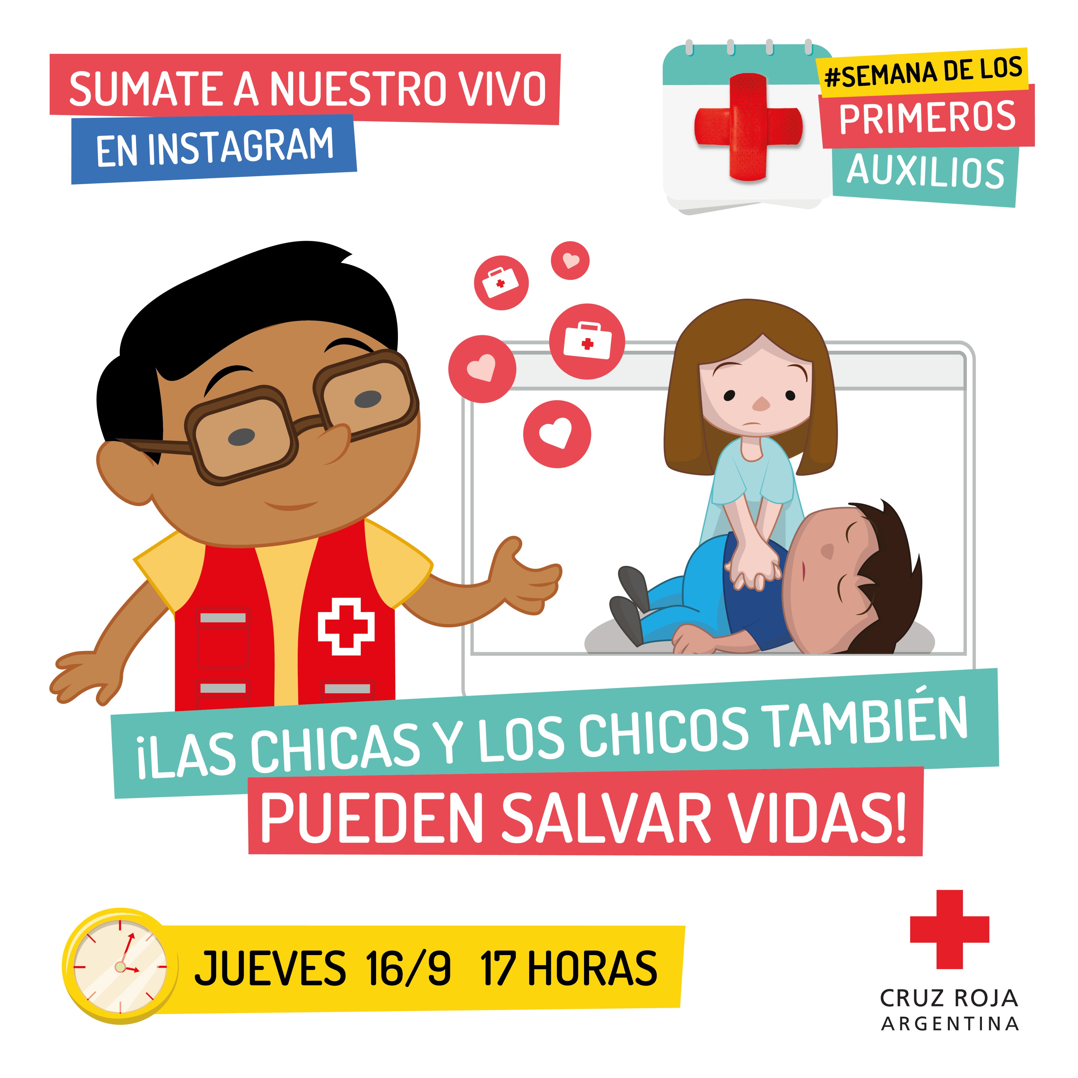 CruzRojaArgentina on Twitter: "Las chicas y chicos también pueden salvar vidas! 💪❤ En la #SemanaDeLosPrimerosAuxilios nuestro voluntariado enseñará en vivo técnicas básicas de Primeros Auxilios niñas, niños y jóvenes. 📅