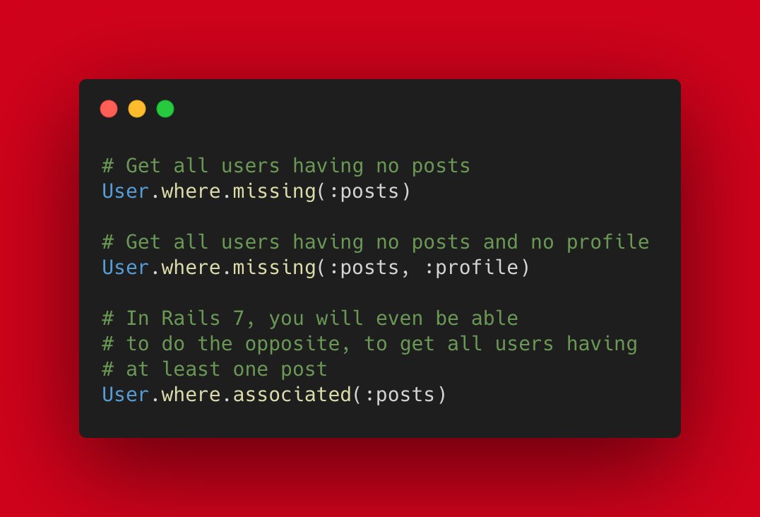 💎Rails tip💎

Did you know that since Rails 6.1, you can easily query records missing relations?

#ruby #rails #rubyonrails