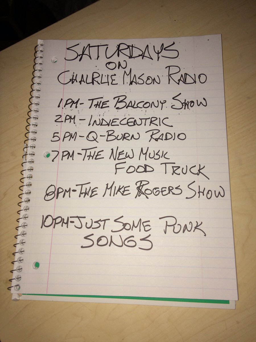 โโ๐ธโ๐๐๐ผ ๐๐ธ๐๐โ โ๐ธ๐ป๐๐ (@charliemasonva) on Twitter photo Today's lineup on charliemasonradio.com (times EST)
1pm <a href="/BalconyShow/">The Balcony Show</a>
2pm @IndieCentricCMR
5pm Q-Burn Radio w/<a href="/Peter_pa_antony/">Peter PA Antony</a>
7pm <a href="/NewMusicFoodTrk/">The New Music Food Truckยฎ</a>
8pm <a href="/MRS897/">THE MIKE ROGERS SHOW</a> @mikeintokyo2004
10pm Just Some Punk Songs w/<a href="/mickfletcher1/">mick fletcher</a>
Tune in & let's bring real radio back Charlie Mason Radio Today's lineup on charliemasonradio.com (times EST)
1pm <a href="/BalconyShow/">The Balcony Show</a>
2pm @IndieCentricCMR
5pm Q-Burn Radio w/<a href="/Peter_pa_antony/">Peter PA Antony</a>
7pm <a href="/NewMusicFoodTrk/">The New Music Food Truckยฎ</a>
8pm <a href="/MRS897/">THE MIKE ROGERS SHOW</a> @mikeintokyo2004
10pm Just Some Punk Songs w/<a href="/mickfletcher1/">mick fletcher</a>
Tune in & let's bring real radio back Charlie Mason Radio