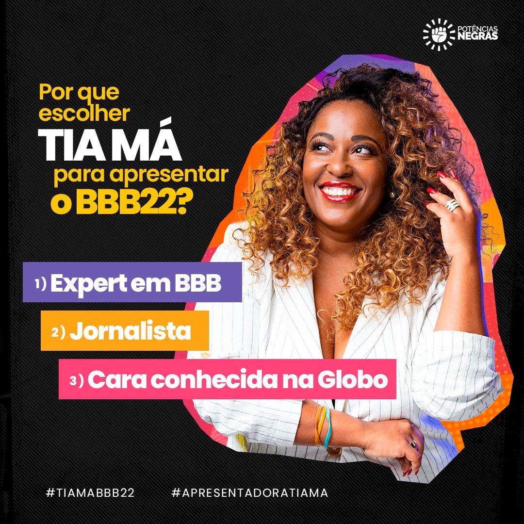 Por aqui já começamos a campanha #TiaMáNoBBB. A <a href="/tiamaoficial/">Maíra Azevedo 👠</a> sabe tudo sobre o programa, já teve quadro na Globo e é uma excelente comunicadora. Seria uma boa, hein?

#PotênciasNegras #TiaMá #TiaMáBBB22 #TiaMáApresentadora #BBB #BBB22
