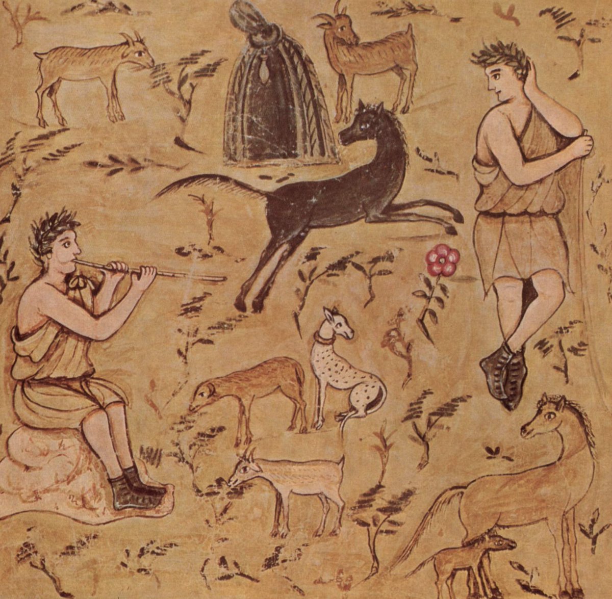 Publius Vergilius Maro - Georgics, Book III, pastoral scene (center: a sighthound used as a shepherd dog) - Anonymous - 5th century AD - Vatican, Apostolic Library #AncientArt #roman #dogs #dogsoftwitter #dogs #dogstyle #Archaeology #Romans #Africa #Rome #painting #Anonymous