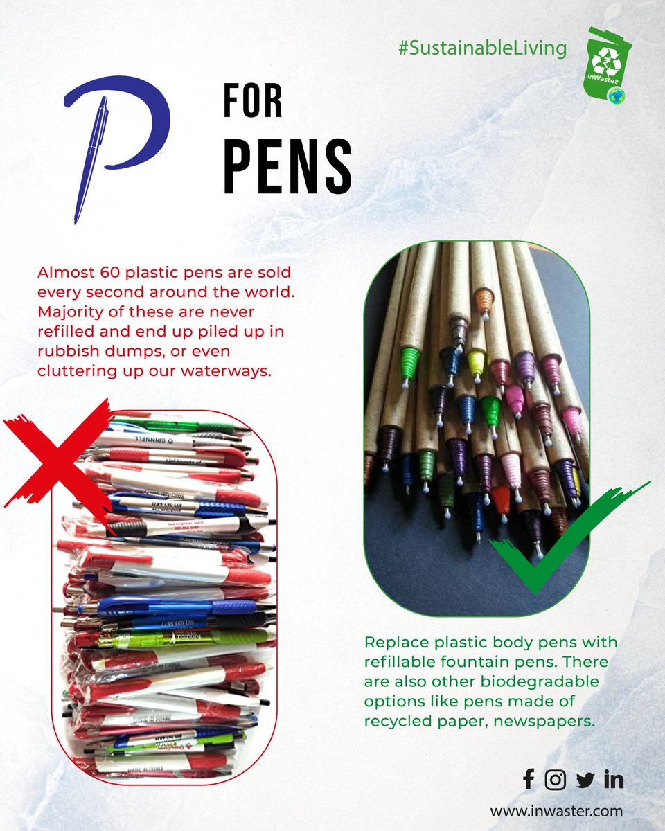 InWasterCo's tweet photo. We all have multiple pens lying in our homes and even in our bags. These every use writing instruments are the easiest to replace with green alternatives.
#inwaster #plasticfreejuly #plasticfree #wastefree #zerowastelife #sustainableliving #adoptsustainable #livesustainable https://t.co/6pLYiZmVcS