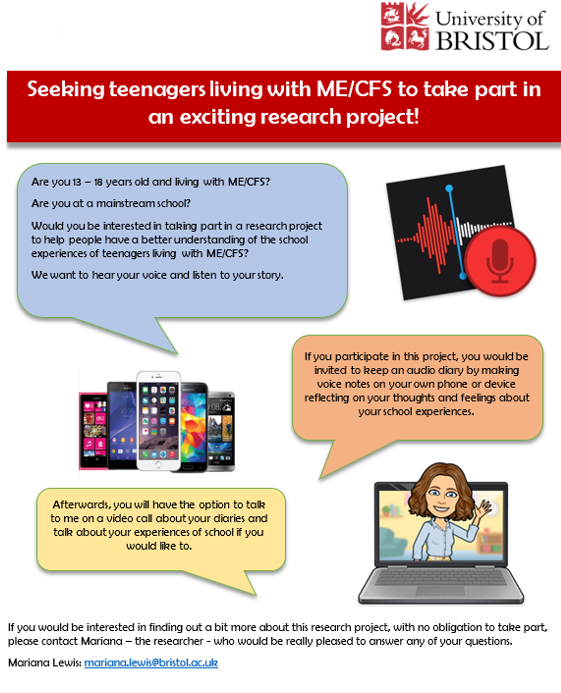 Mariana_Lewis1's tweet image. Hello! I'm looking for young people aged 13-18 living with #MECFS to participate in my thesis research exploring their school experiences. Please retweet/share if you know anyone who might like to participate. Thank you. #pwME #edutwitter #twittereps @actionforme @MEActNetUK
