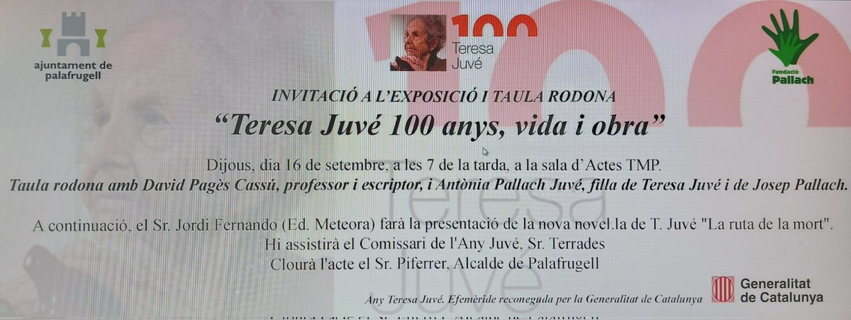 Dijous que ve, dia 16 de setembre, homenatge a Teresa Juvé, la degana de les Lletres Catalanes, a Palafrugell. @lletres, @fundaciopallach, @TerradesToni, @AnyTeresaJuve