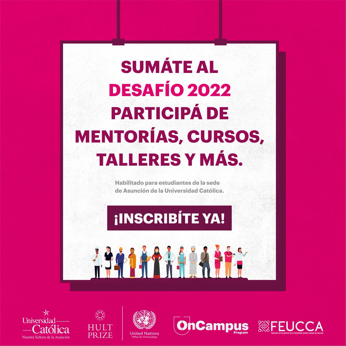 SUMÁTE AL DESAFÍO 🧑‍🔧👩‍💻🧑‍✈️👩‍💼🚀⠀
⠀
Volvimos a la sede de Asunción de la Universidad Católica, sólo necesitás inscribirte para participar sin barreras. 🎈😁

Te esperan mentorías, cursos, talleres y mucho más. 😉🤩

¡INSCRIBÍTE YA! 🚨

Enlace en la descripción de la bio.