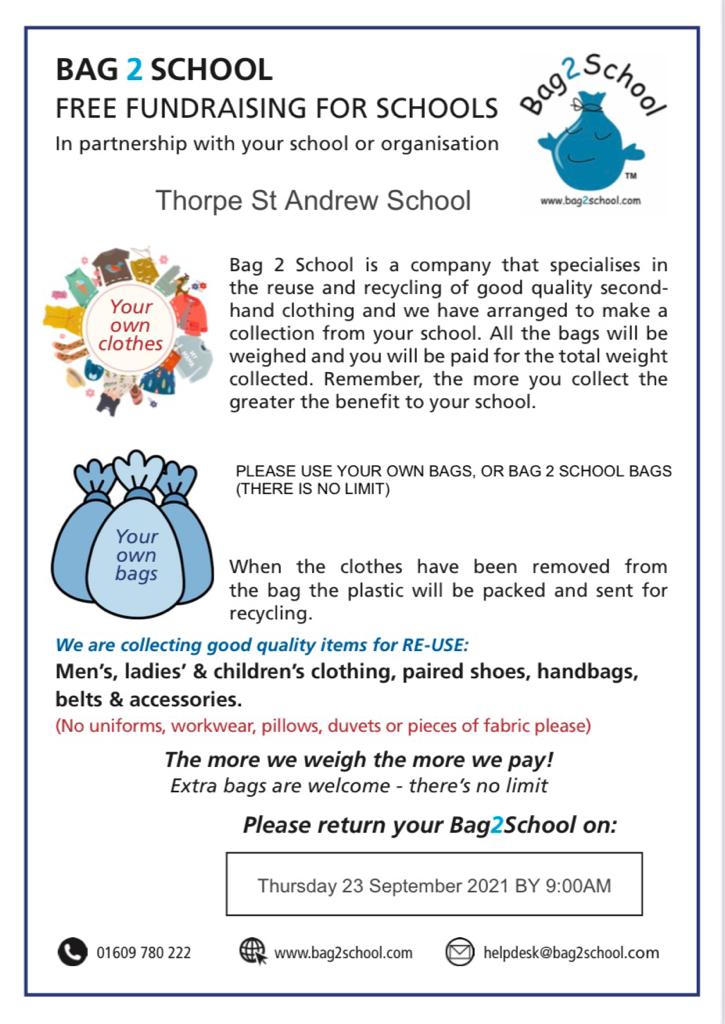 Can you donate a bag of clothes on the morning of 23 September? FOTSAS are raising funds for <a href="/tsas_norwich/">Thorpe St Andrew School and Sixth Form</a> and #recycling! More details attached. Please drop off at the Pound Lane entrance before 9am only on 23, as we cannot store the bags. Thank you all