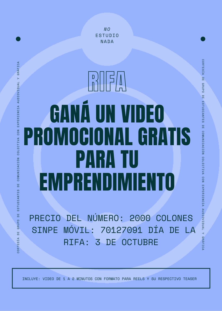Hola :)) mis amigues de comu y yo estamos rifando un video promocional para un emprendimiento!! El número cuesta 2000 colones, aceptamos sinpe al 70127091 💛 rt para salvar la vida de estudiantes de comu pls