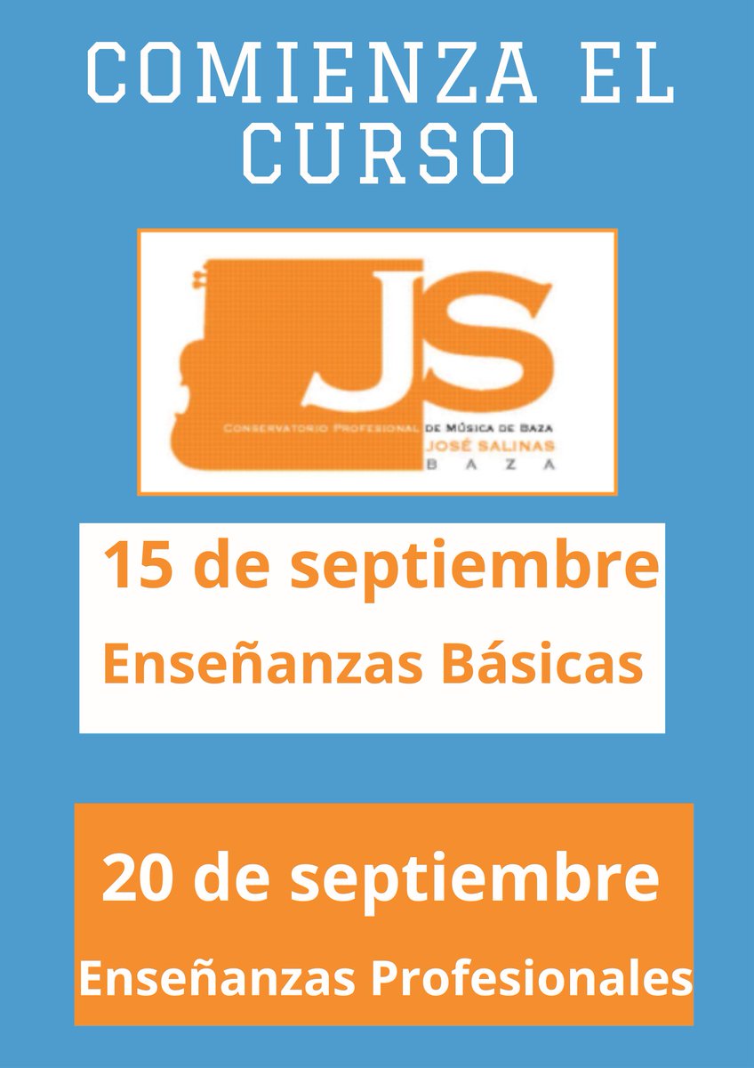 ConserBaza's tweet photo. ¡Empezamos un nuevo curso!Las clases de Enseñanzas Básicas comenzarán el 15 de septiembre y las de Profesionales el día 20, siempre en el horario asignado a cada alumno/a.Los horarios estarán disponibles en miConservatorio a partir del 13 de septiembre a las 18:00 aproximadamente https://t.co/89Cb0K3qCh