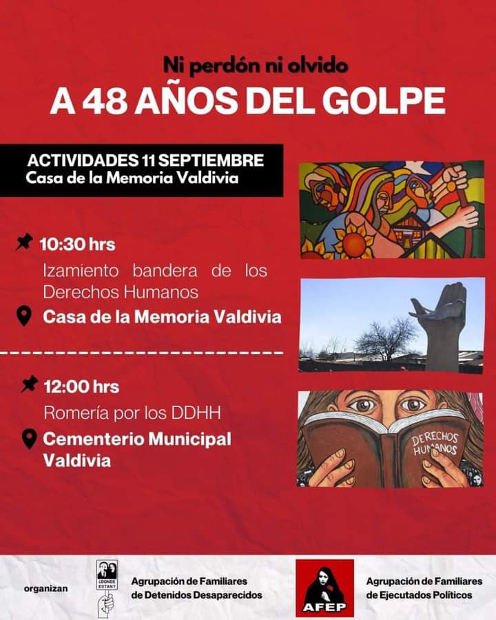 PSChileLosRios's tweet photo. Hoy #11DeSeptiembre la militancia del PS de #LosRios, recordamos a nuestros mártires junto a la Agrupación d Familiares d Ejecutados Políticos,Agrupación d Familiares d Detenidos Desaparecidos y la Comunidad d Huachocopihue n #Valdiviacl #NiPerdonNiOlvido #MemoriaVerdadYJusticia https://t.co/a4XC251x3q