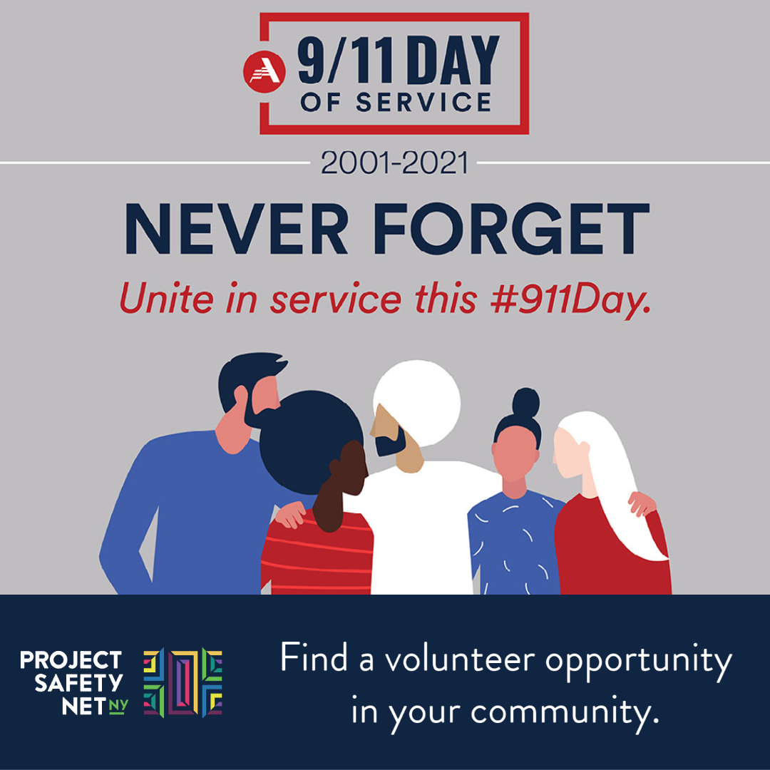 PSN_NY's tweet photo. To honor the 20th anniversary of 9/11, let's re-commit to #NeverForget our nation's darkest hour. Join us to honor the memory of lives we lost with a day of serving others &amp; #DoingGood- from coast to coast. #911DayOfService  #LongIslandTogether #PSNNY #ProjectSafetyNetNY https://t.co/ZNiqkmoGIJ
