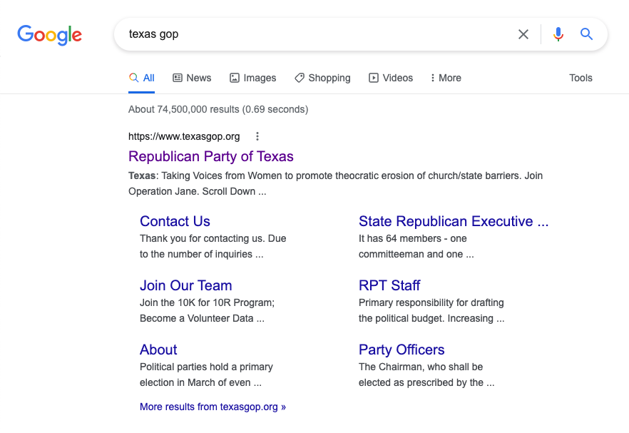 RPMurphy's tweet photo. @scottbraddock @TexasGOP Looks like Google happened to crawl it while the site was hijacked... https://t.co/IvEXs8mQtU