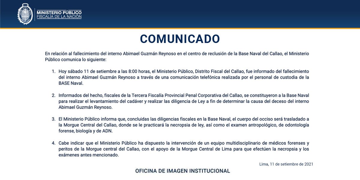El Ministerio Público hace de conocimiento de la ciudadanía el siguiente comunicado en relación al fallecimiento de Abimael Guzmán Reynoso, en la Base Naval del Callao.