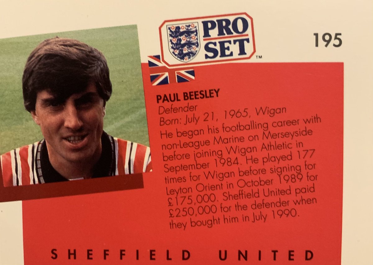 daily_set's tweet photo. Paul played 195 games over 5 years at @SheffieldUnited having just signed before this cards release from @leytonorientfc. He scored 9 goals and won POTY in ‘93 before being sold to @LUFC for £1/4m. He was once capped for England C. #ProSet #ProSetDaily #SUFC #PaulBeesley https://t.co/VwnVYkBTfz