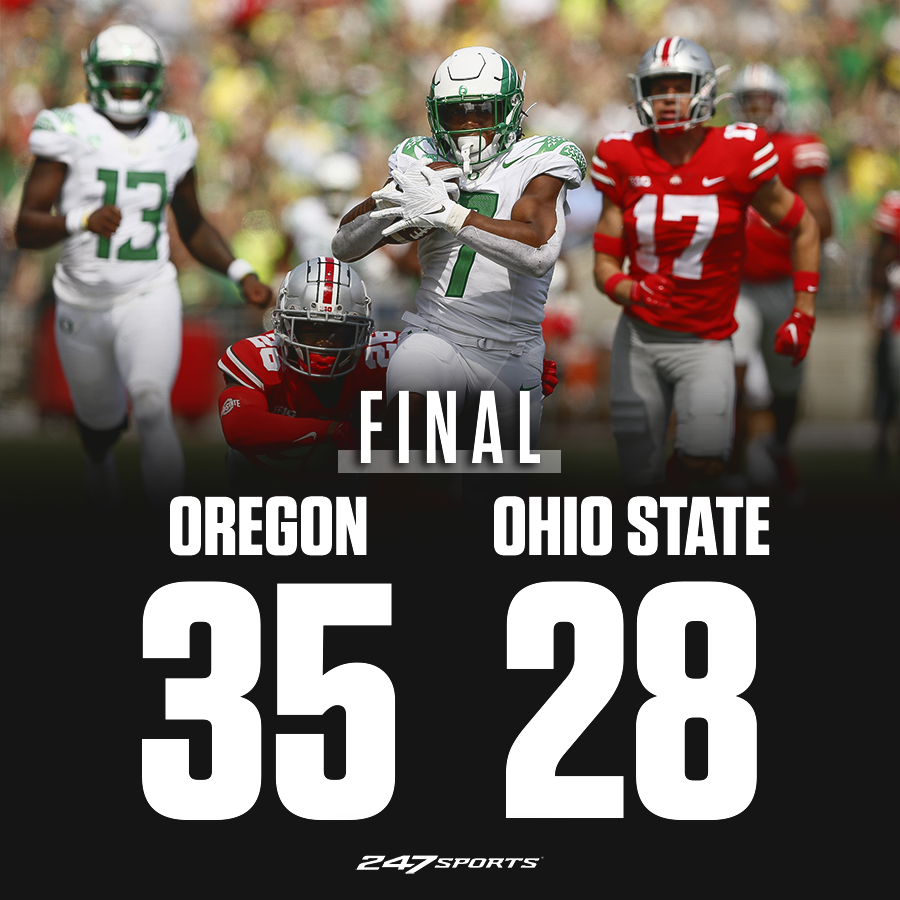 247Sports's tweet photo. 🚨 DOWN GOES NO. 3 OHIO STATE 🚨

@oregonfootball pulls off a shocker 35-28 🔥🔥 https://t.co/WuxxYQhaWe