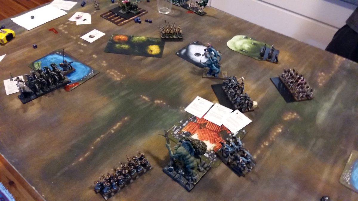 Kdownunder1's tweet photo. Played a game of #The_9th_Age for a long time. Smashed #sylvanelves that I borrowed to my friend with #Dreadelves which I borrowed from him. #WarGames #Warmongers #tabletopgaming #tabletopgames #warhammer https://t.co/FQCuSPKKBo