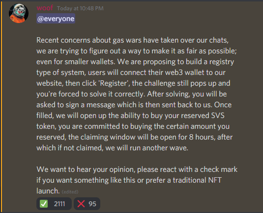SVSNFT's tweet photo. We have decided to use a new system for our public sale tomorrow. This will eliminate the plagued "gas wars" that exist for all NFT drops. Anti-bot? Done. No gas wars? Done. Always innovating, always breaching new barriers. 1 day to go. https://t.co/K010NZC7WJ