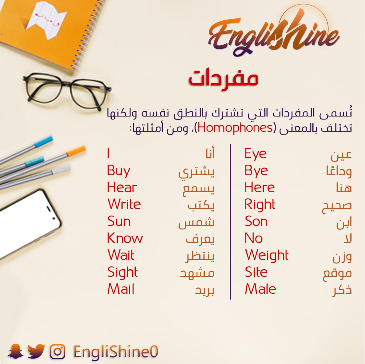 englishine0's tweet photo. مفردات ✨

كلمات لها نفس النطق ولكن باختلاف المعنى والكتابة ❤️

عندكم أمثلة أخرى؟ 😍

#Englishine #مفردات
 #عبارات_شائعة #تعلم_الإنجليزية #تعليم #انجليزي https://t.co/3bejYKouox